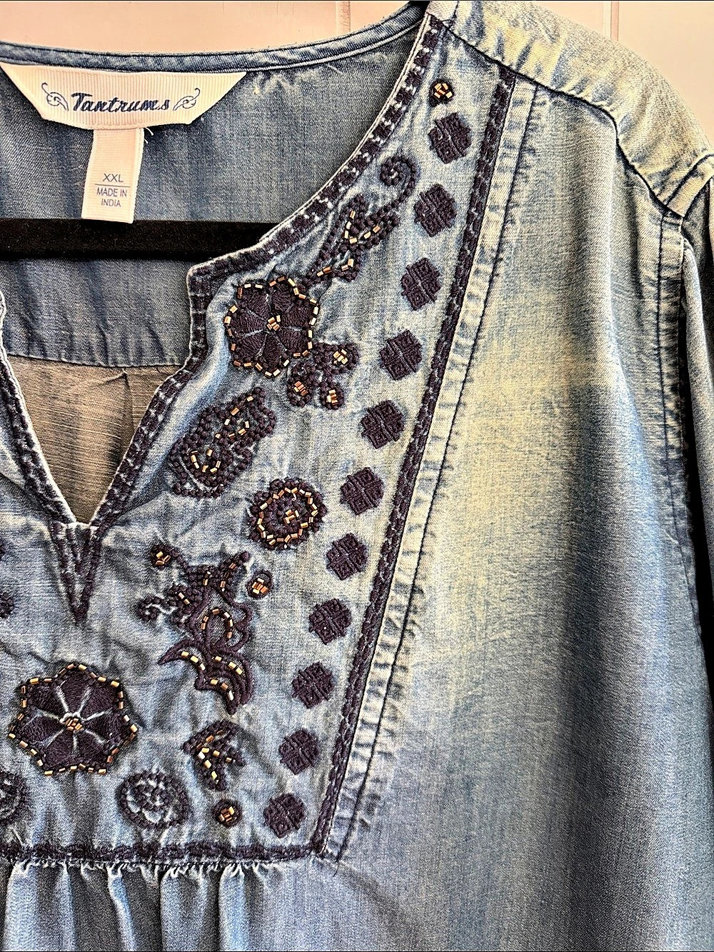 Tantrums Embroidered Chambray Denim Tunic XXL Boho Western Country Prairie Rodeo - Picture 11 of 14